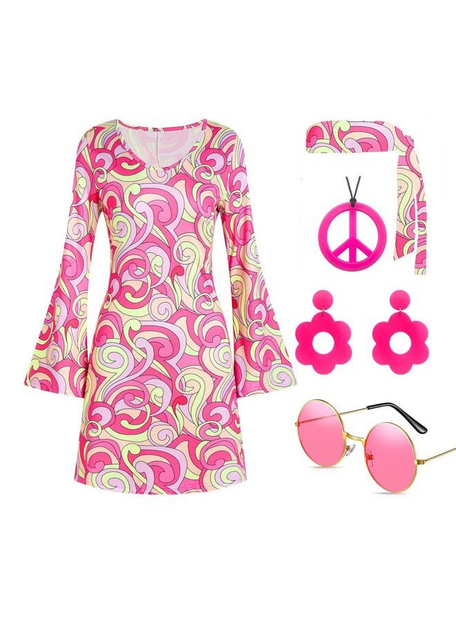Deerjoke 60s 70s Disco Outfit Hippie Costume Women, 1970 Style Clothes Dress Peace Sign Accessories Jewelry Halloween, Pink, XL - Image 1