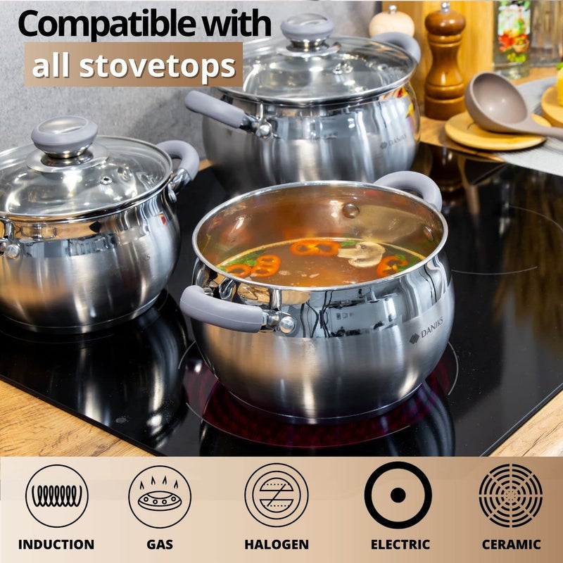 Daniks Modern 7 Quart Stainless Steel Stock Pot with Glass Lid, Tri-Ply Bottom for Even Heating, Induction Compatible, Dishwasher Safe, Heatproof Handles - Image 5
