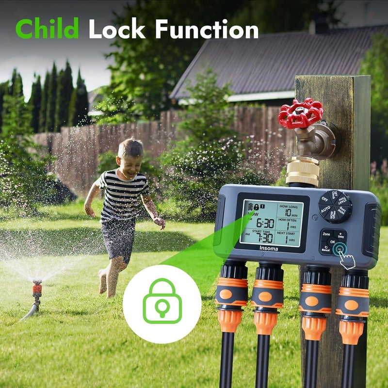 Insoma Water Timer with Brass Inlet, 4 Independent Zones Outdoor Hose Timer for Garden Faucet with Auto/Manual/Rain Delay Mode, IPX5 Waterproof, Sprinkler Irrigation Controller for Yard Lawn - Image 5