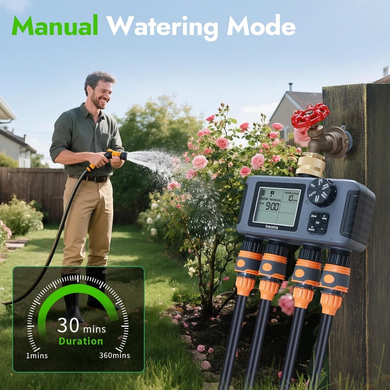 Insoma Water Timer with Brass Inlet, 4 Independent Zones Outdoor Hose Timer for Garden Faucet with Auto/Manual/Rain Delay Mode, IPX5 Waterproof, Sprinkler Irrigation Controller for Yard Lawn - Image 4