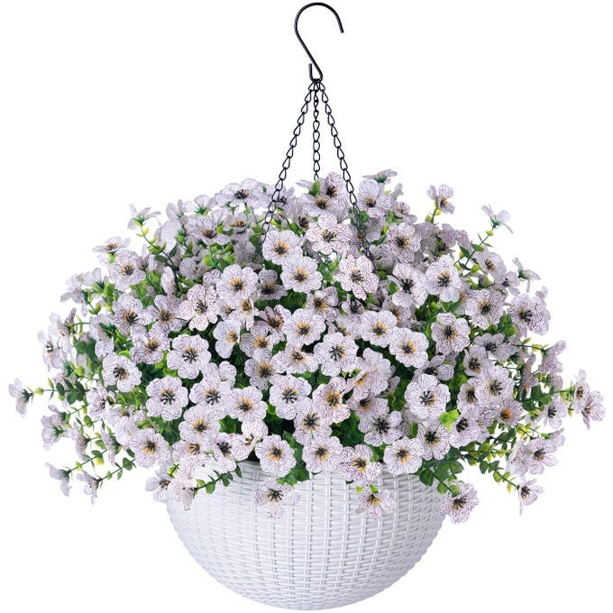 ARTIFICIAL FAKE HANGING WHITE FLOWERS PLANTS BASKET FOR OUTDOOR OUTSIDE FALL WINTER FAUX SILK DAISY UV RESISTANT LOOK REAL FOR CHRISTMAS PORCH PATIO BALCONY HOME YARD DECORATION