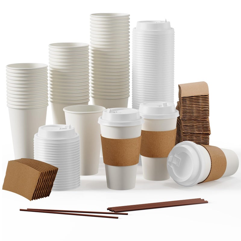 JOLLY PARTY [100 Pack] 16 oz Paper Coffee Cups, Disposable Paper Coffee Cup with Lids, Sleeves, and Stirrers, Hot/Cold Beverage Drinking Cup for Water, Juice or Tea, Suitable for Home,Shops and Cafes - Image 1