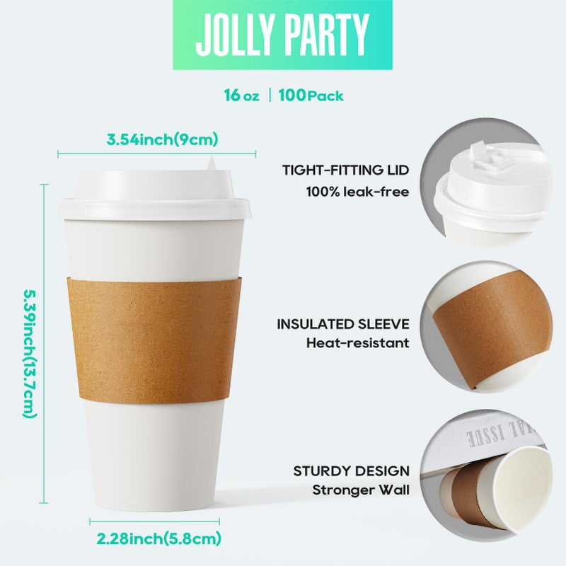 JOLLY PARTY [100 Pack] 16 oz Paper Coffee Cups, Disposable Paper Coffee Cup with Lids, Sleeves, and Stirrers, Hot/Cold Beverage Drinking Cup for Water, Juice or Tea, Suitable for Home,Shops and Cafes - Image 2