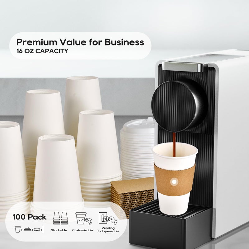 JOLLY PARTY [100 Pack] 16 oz Paper Coffee Cups, Disposable Paper Coffee Cup with Lids, Sleeves, and Stirrers, Hot/Cold Beverage Drinking Cup for Water, Juice or Tea, Suitable for Home,Shops and Cafes - Image 4