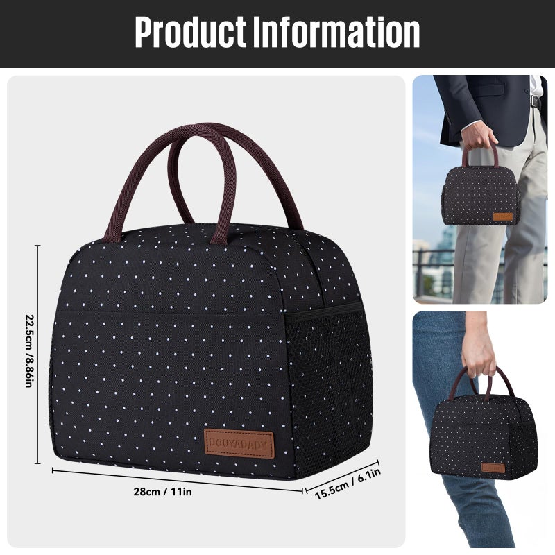 douyadady Lunch Bag Women/Men Lunch Box Women/Men (black polka dot) - Image 2