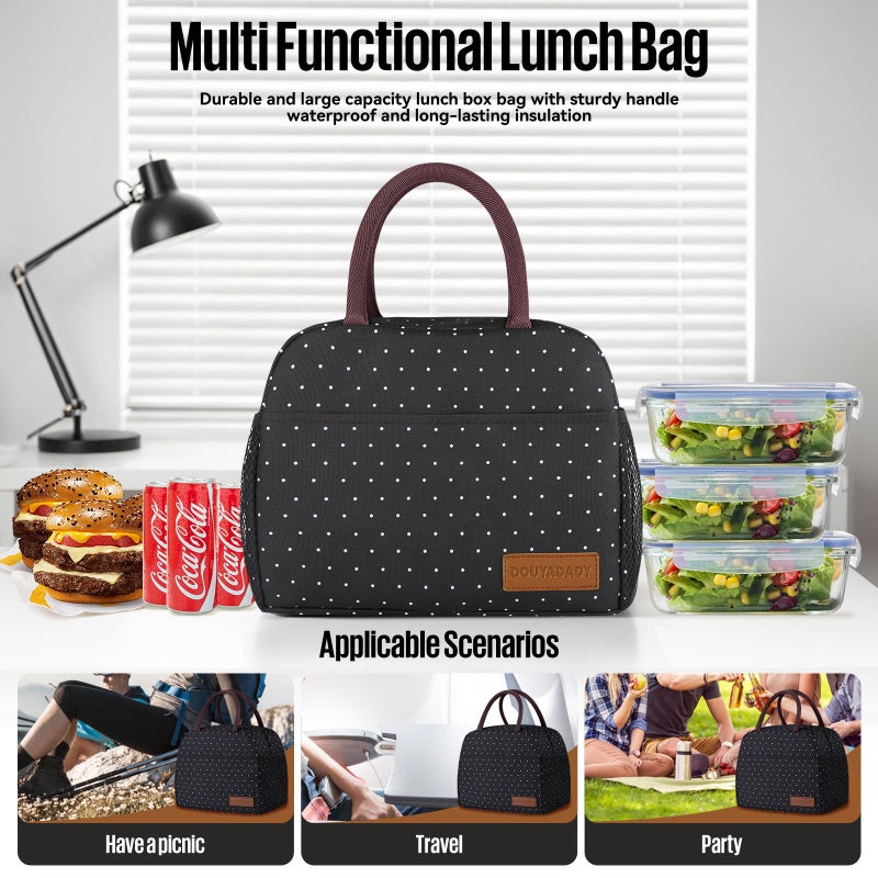 douyadady Lunch Bag Women/Men Lunch Box Women/Men (black polka dot) - Image 3