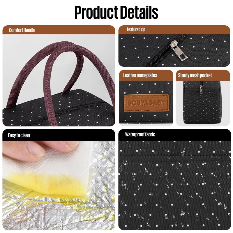 douyadady Lunch Bag Women/Men Lunch Box Women/Men (black polka dot) - Image 4