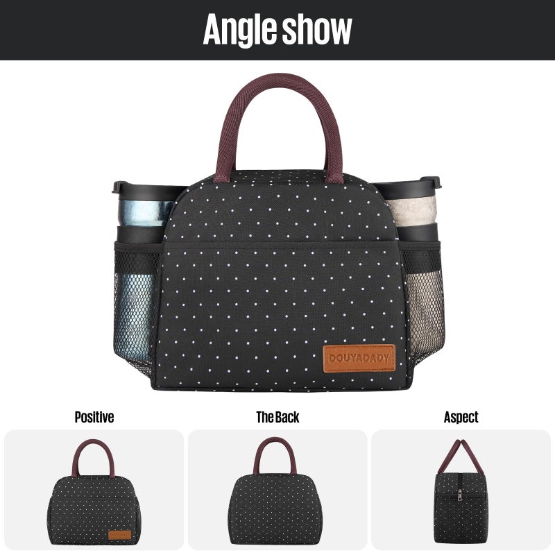 douyadady Lunch Bag Women/Men Lunch Box Women/Men (black polka dot) - Image 5