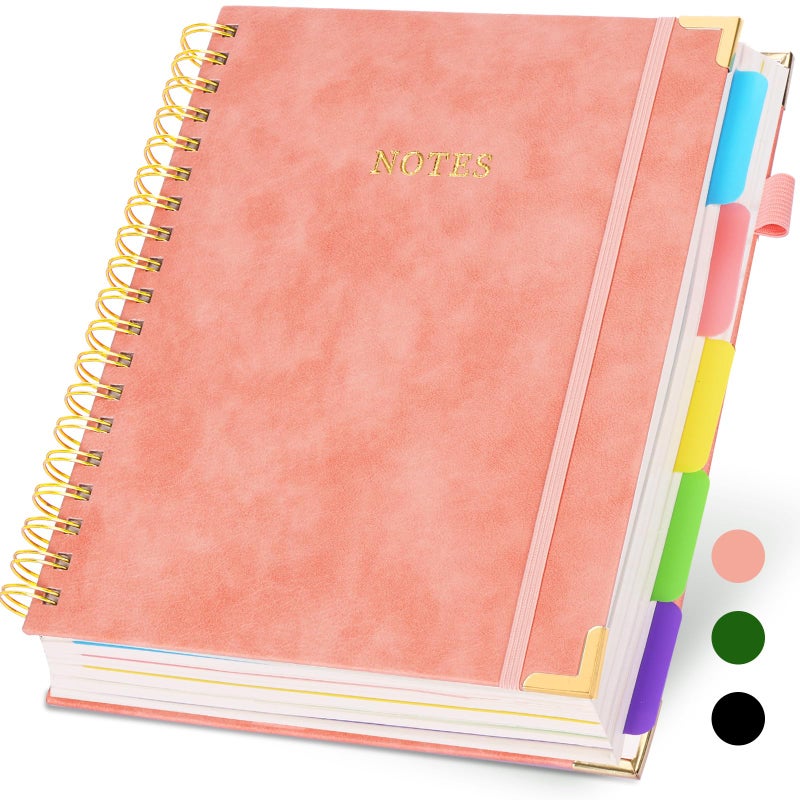 LABUK Hardcover Spiral Notebook with Dividers Tabs, 300 Pages 8"x10"(B5) Leather 5 Subject Notebook, Large Journal for Work School Note Taking, Journal for Women, Pink - Image 1