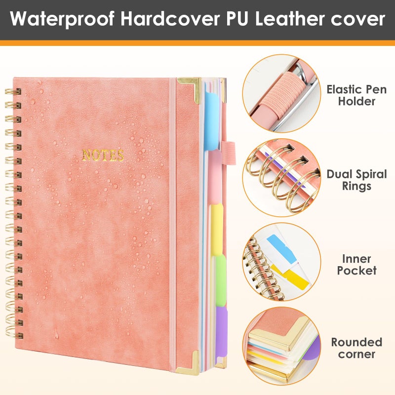 LABUK Hardcover Spiral Notebook with Dividers Tabs, 300 Pages 8"x10"(B5) Leather 5 Subject Notebook, Large Journal for Work School Note Taking, Journal for Women, Pink - Image 2