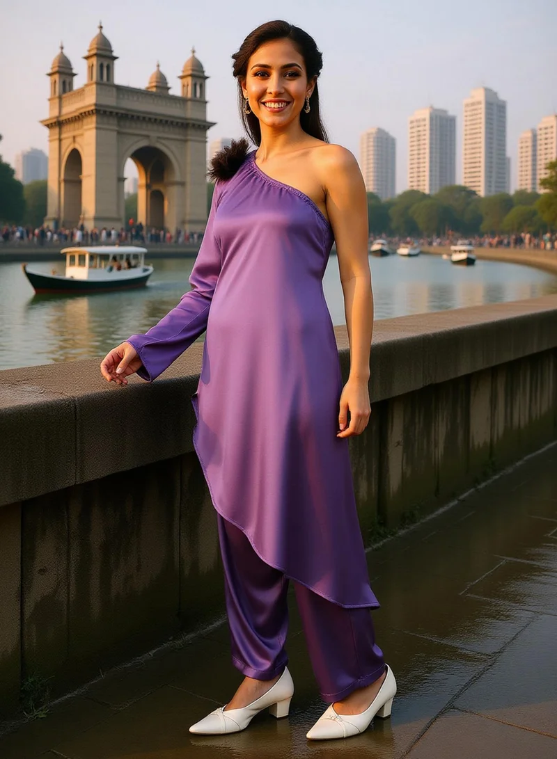  قصة طقم نسائي بنفسجي غير متماثل بنقوش زهور من قصة لملابس المناسبات | كتف واحد، أكمام طويلة عادية | قماش سادة موحد | قطعتان مصممة للسهرات والحفلات