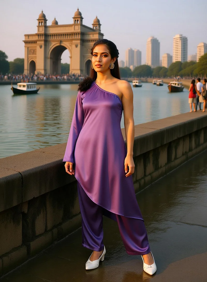  قصة طقم نسائي بنفسجي غير متماثل بنقوش زهور من قصة لملابس المناسبات | كتف واحد، أكمام طويلة عادية | قماش سادة موحد | قطعتان مصممة للسهرات والحفلات