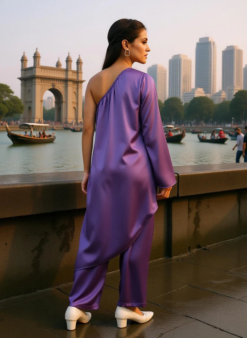Qissa  Qissa Women's Amethyst Purple Asymmetrical Flora Co-Ord Set For Ethnic Wear | One-Shoulder Neck, Long Regular Sleeves | Solid Plain Fabric | 2 Piece Co-Ords Designed For Evening & Party Wear for Women | Best Price UAE