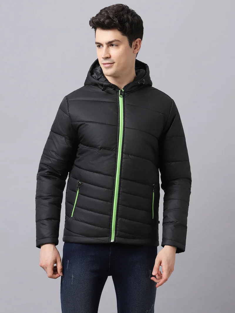 Urbano Fashion Men's Black Full Sleeve Zippered Hooded Neck Puffer Jacket