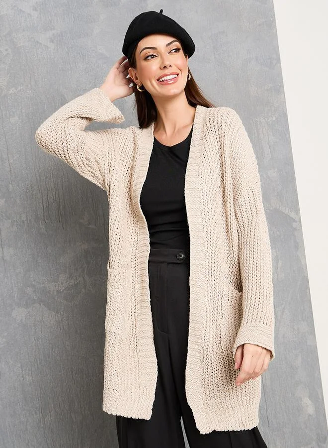 Take Two Solid Pocket Detail Mid Length Cardigan