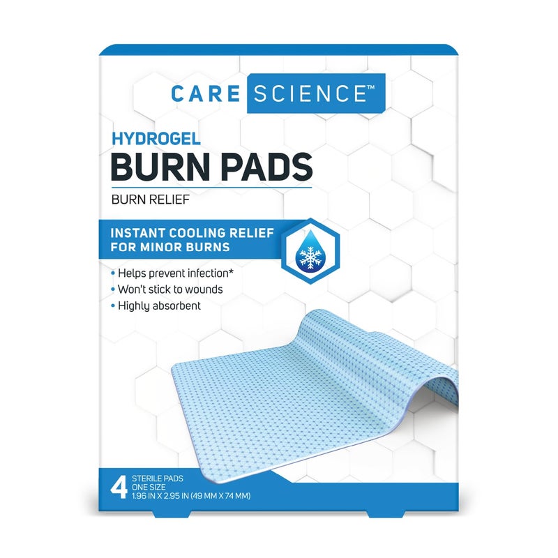 Care Science Hydrogel Sterile Burn Dressing Bandage Pads for Burn Relief 4 ct Instant Cooling Relief for Minor Burns Wounds