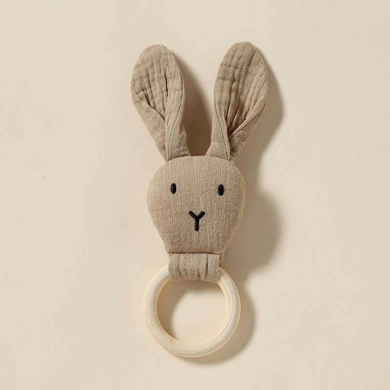 Baby Comfort Towel Doll, All-Cotton Gauze Bunny, Bedside Rattle Pendant, Educational Doll, Hand Puppet, Wooden Ring - Image 1