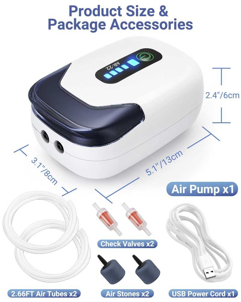 MoonOrange Aquarium Air Pump, Rechargeable Portable Oxygen Pump with Single/Dual Outlets, Quiet Aerator for Fish Tank up to 30/70 Gallon, Outdoor Fishing, Fish Transport and Power Cut. - Image 2