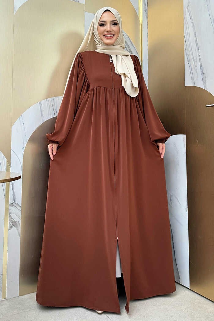 Bym Fashion Sleeve Gather Detail Zippered Casual Abaya Bym6 Brown  - Image 1