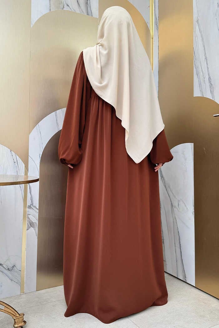 Bym Fashion Sleeve Gather Detail Zippered Casual Abaya Bym6 Brown  - Image 2