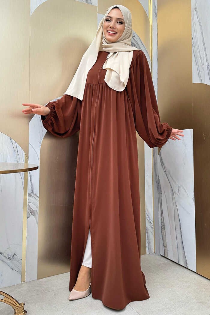Bym Fashion Sleeve Gather Detail Zippered Casual Abaya Bym6 Brown  - Image 3