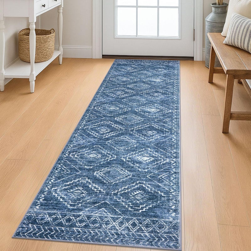KILOCOCO Runner Rug 2x6 Non Slip Washable Runner for Hallway Kitchen Runners Soft Printed Low-Pile Machine Washable Foldable Floor Blue Runners Rug for Entryway Bedroom Living Room Bathroom - Image 1
