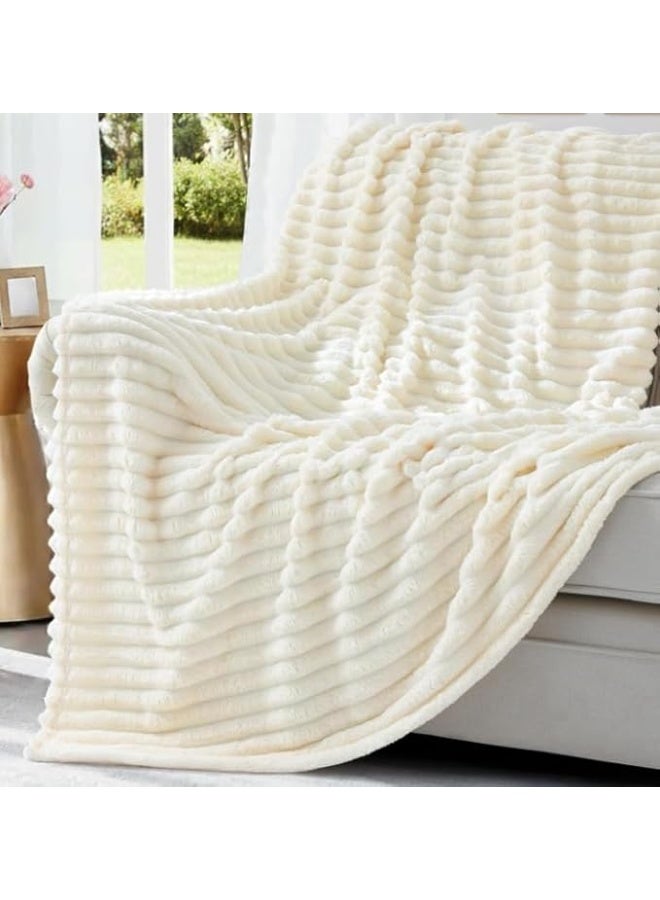 Luxury Soft Fur Blanket Warm Winter Bed Cover Cream Wave For Sofa Bed 160cm x 150cm - Image 5