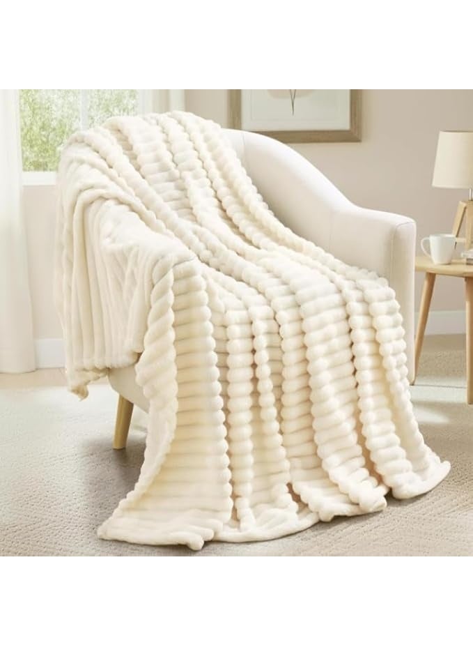 Luxury Soft Fur Blanket Warm Winter Bed Cover Cream Wave For Sofa Bed 160cm x 150cm - Image 1