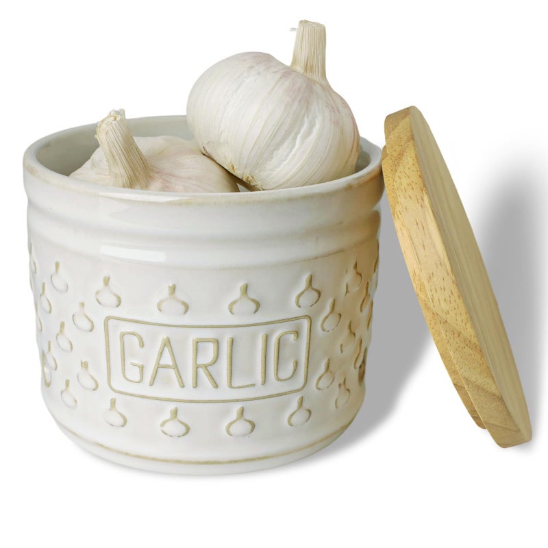 GDCZ Garlic Keeper with Lid, Ceramic Garlic Holder Storage Container to Keep Your Garlic Cloves Fresh Longer, 4.3 Inch (White) - Image 1