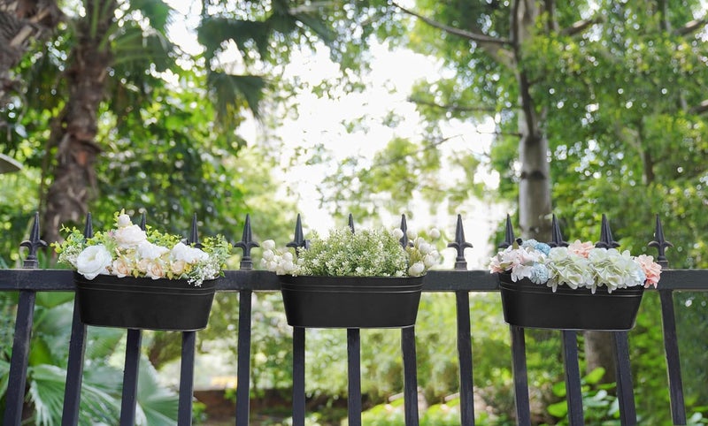 Dahey 3 Pcs Metal Hanging Flower Pots for Railing Fence Outdoor Planter 15.7 Inch Hanging Bucket Pots Countryside Window Flower Plant Holder with Detachable Hooks for Garden Yard Home Decor,Black - Image 4