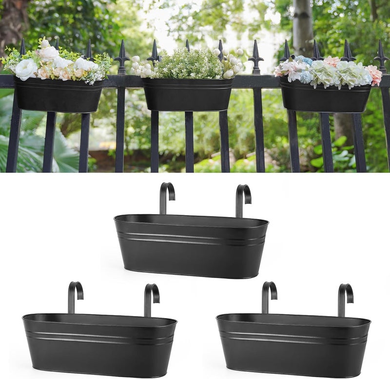 Dahey 3 Pcs Metal Hanging Flower Pots for Railing Fence Outdoor Planter 15.7 Inch Hanging Bucket Pots Countryside Window Flower Plant Holder with Detachable Hooks for Garden Yard Home Decor,Black - Image 1