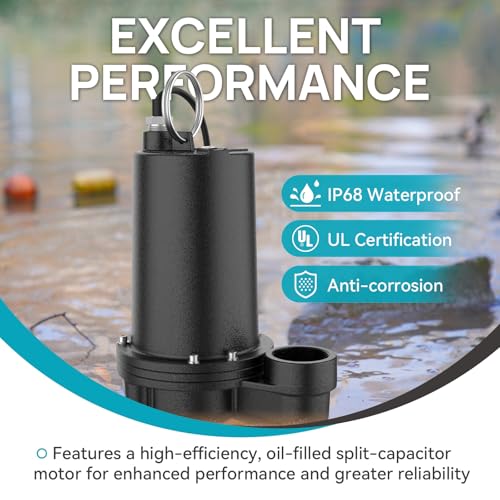 Bomgie 2/5HP Cast Iron Sewage Pump, 5995GPH Submersible Effluent Pump with 20ft Cord, Ideal for Basement/Sump Applications – Commercial-Grade Drainage System, 2'' NPT Discharge - Image 4