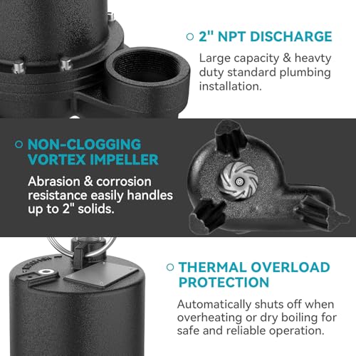 Bomgie 2/5HP Cast Iron Sewage Pump, 5995GPH Submersible Effluent Pump with 20ft Cord, Ideal for Basement/Sump Applications – Commercial-Grade Drainage System, 2'' NPT Discharge - Image 3