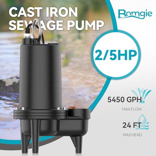 Bomgie 2/5HP Cast Iron Sewage Pump, 5995GPH Submersible Effluent Pump with 20ft Cord, Ideal for Basement/Sump Applications – Commercial-Grade Drainage System, 2'' NPT Discharge - Image 2