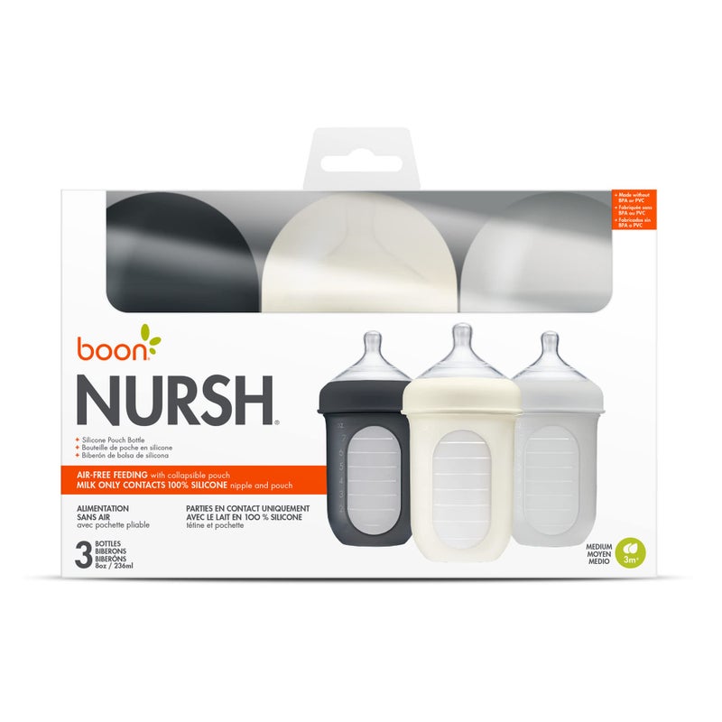 Boon Nursh Reusable Silicone Pouch Baby Bottles - Medium Flow Nipple - Silicone Baby Bottle Pouch and Nipple - Baby Feeding Essentials - Gray - 3-6 Months - 3 Count - 8 Ounce - Image 5
