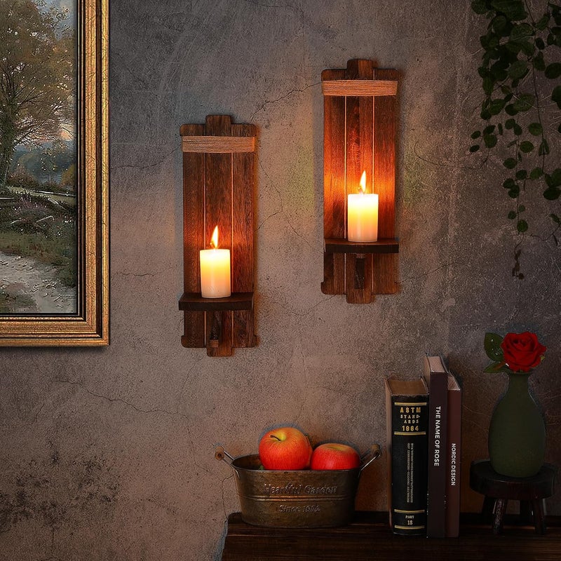 Alphatool Budget friendly sizing alternatives 2Pcs Rustic Wall Hanging Candle Sconces- Farmhouse Wall Mounted Wooden Candle Holders for Flower Vase- Handmade Hanging Wall Sconces for Bedroom Living Room Kitchen Bathroom (Brown) Indoor outdoor all-purpose fit - Image 2