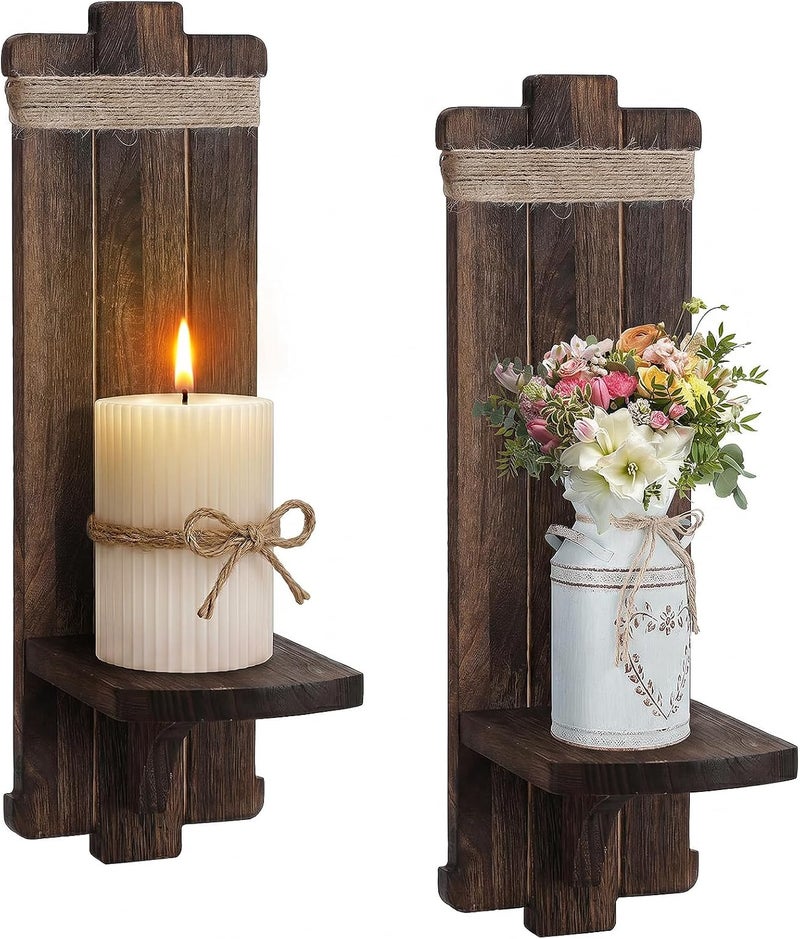 Alphatool Budget friendly sizing alternatives 2Pcs Rustic Wall Hanging Candle Sconces- Farmhouse Wall Mounted Wooden Candle Holders for Flower Vase- Handmade Hanging Wall Sconces for Bedroom Living Room Kitchen Bathroom (Brown) Indoor outdoor all-purpose fit - Image 1