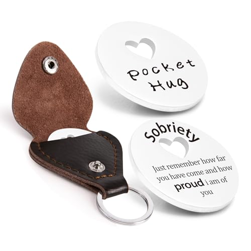 Qunrwe Pocket Hug Token,Long Distance Gifts Keepsake,Double Sided Inspirational Thinking of you Gift with Leather Keychain (Circle-Sobriety) - Image 1
