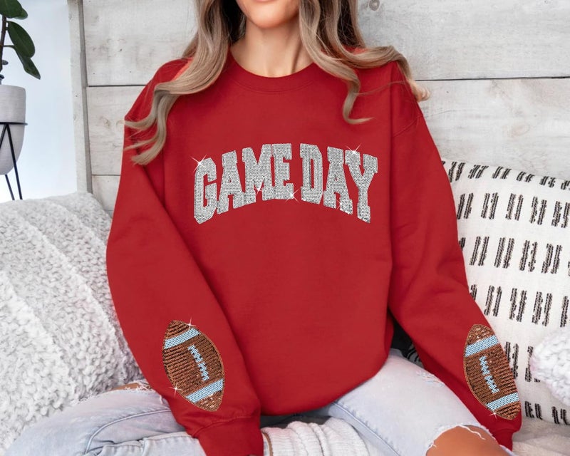 BEIDEFY Game Day Sweatshirt for Women Sequin Football Long Sleeve Shirt Crew Neck Sunday Funday Pullover Tops Red - Image 3