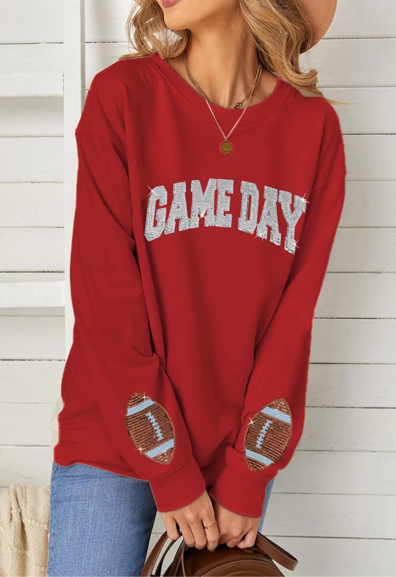 BEIDEFY Game Day Sweatshirt for Women Sequin Football Long Sleeve Shirt Crew Neck Sunday Funday Pullover Tops Red - Image 2