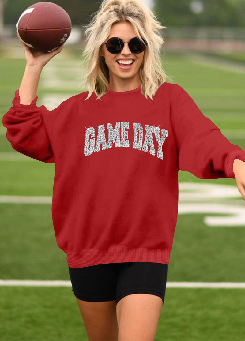 BEIDEFY Game Day Sweatshirt for Women Sequin Football Long Sleeve Shirt Crew Neck Sunday Funday Pullover Tops Red - Image 4