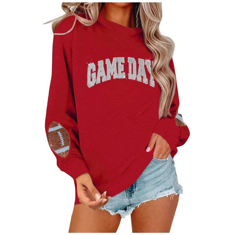 BEIDEFY Game Day Sweatshirt for Women Sequin Football Long Sleeve Shirt Crew Neck Sunday Funday Pullover Tops Red - Image 1