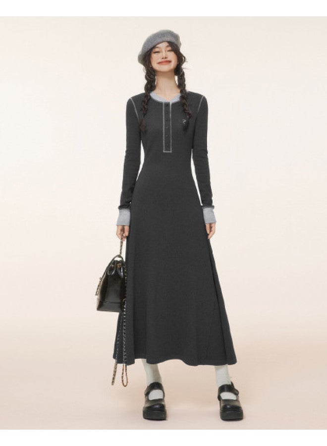 EPTISON Women'S Long Dress For Autumn, Vintage Academic Style Contrast Color Embroidered Long Skirt, Versatile Round Neck A-Line Dress - Image 1