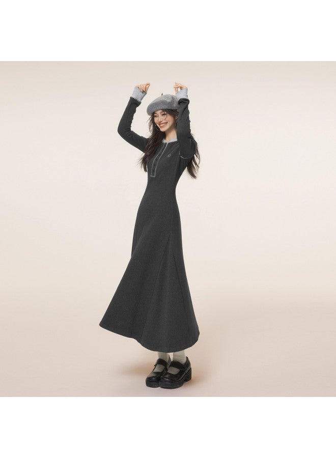 EPTISON Women'S Long Dress For Autumn, Vintage Academic Style Contrast Color Embroidered Long Skirt, Versatile Round Neck A-Line Dress - Image 3