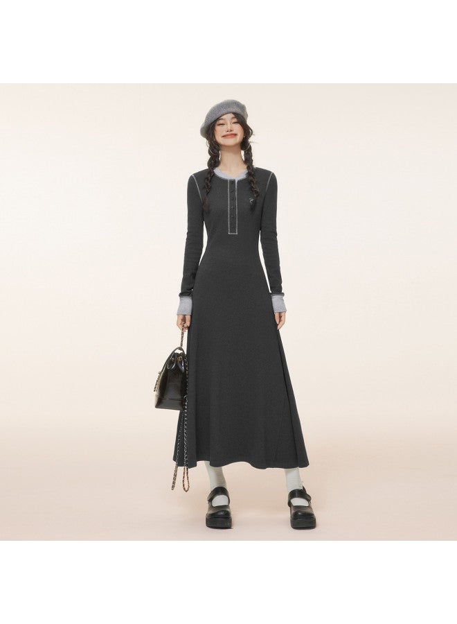 EPTISON Women'S Long Dress For Autumn, Vintage Academic Style Contrast Color Embroidered Long Skirt, Versatile Round Neck A-Line Dress - Image 2