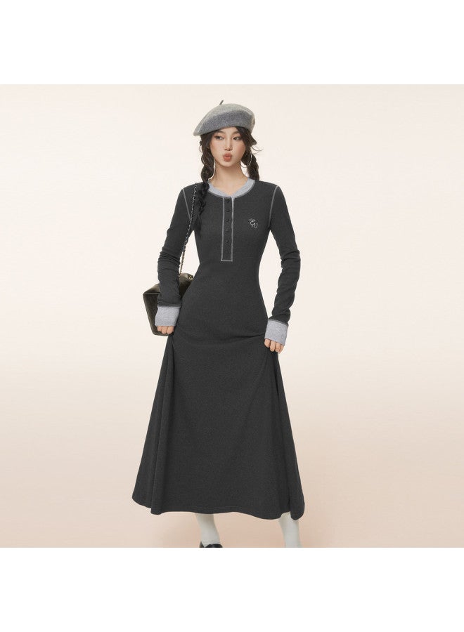 EPTISON Women'S Long Dress For Autumn, Vintage Academic Style Contrast Color Embroidered Long Skirt, Versatile Round Neck A-Line Dress - Image 4