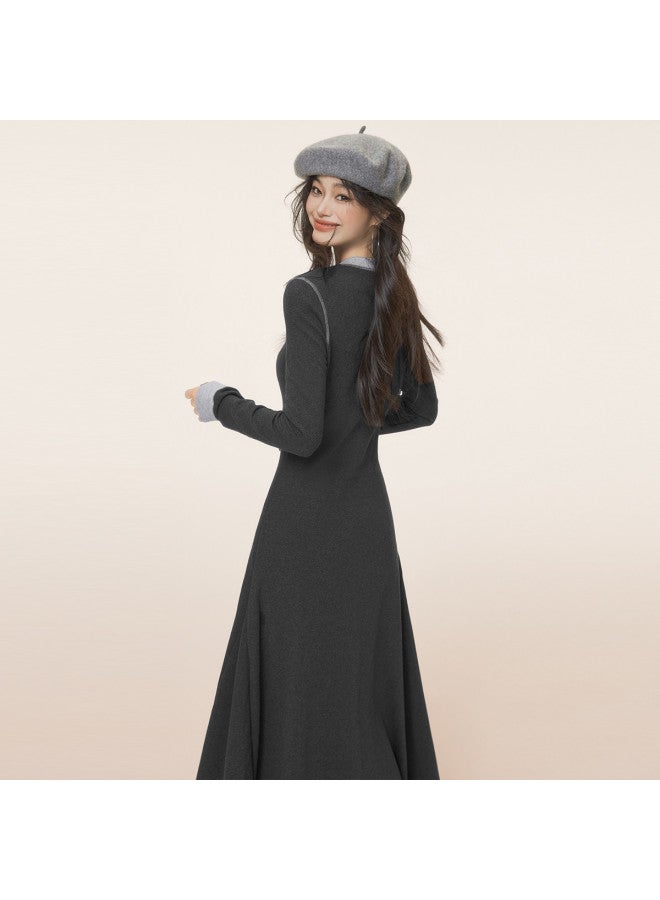 EPTISON Women'S Long Dress For Autumn, Vintage Academic Style Contrast Color Embroidered Long Skirt, Versatile Round Neck A-Line Dress - Image 5