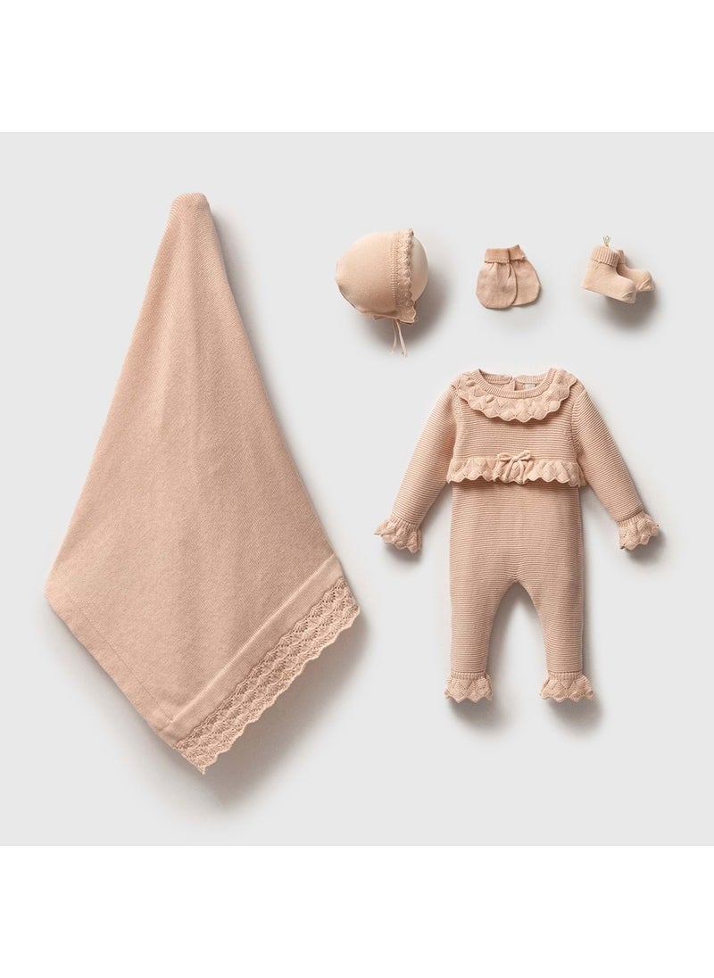 Nipperland - Girl 0-3 Months Linked Openwork 5 Piece Set Beige - Image 1