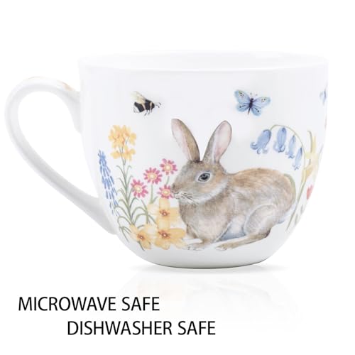 MFoffice 20 oz Easter Bunny Coffee Hug Mug, Spring Flowers & "Happy Days" Slogan, Premium Bone China Cute Rabbit Mug, Perfect Birthday and Holiday Gift for Women, Designed in England by Harvest Green Studio - Image 4