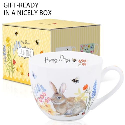 MFoffice 20 oz Easter Bunny Coffee Hug Mug, Spring Flowers & "Happy Days" Slogan, Premium Bone China Cute Rabbit Mug, Perfect Birthday and Holiday Gift for Women, Designed in England by Harvest Green Studio - Image 3